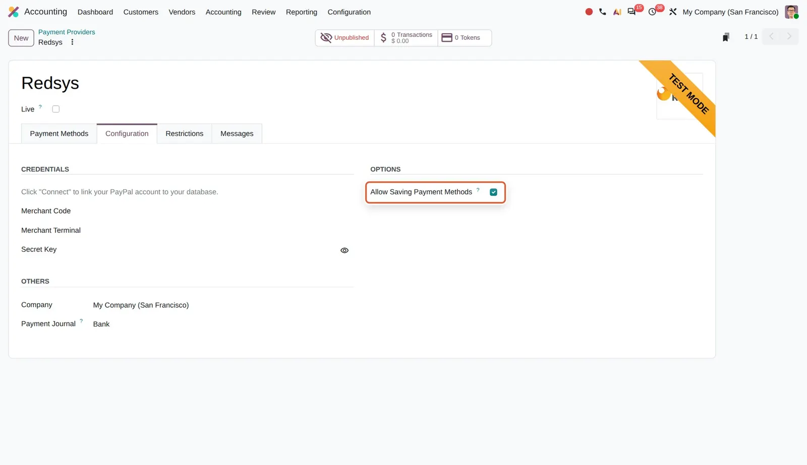 Odoo 20 Redsys: The Redsys provider now has an Allow Saving Payment Methods checkbox in its Options group, enabling tokenized recurring payments.