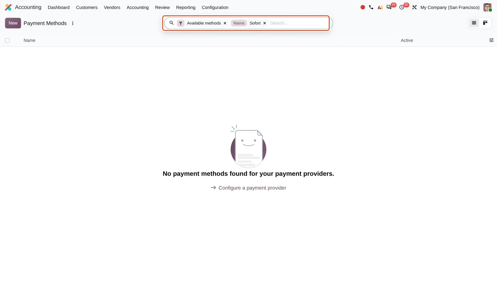 Odoo 20 SOFORT: Searching for Sofort among the available payment methods returns nothing.
