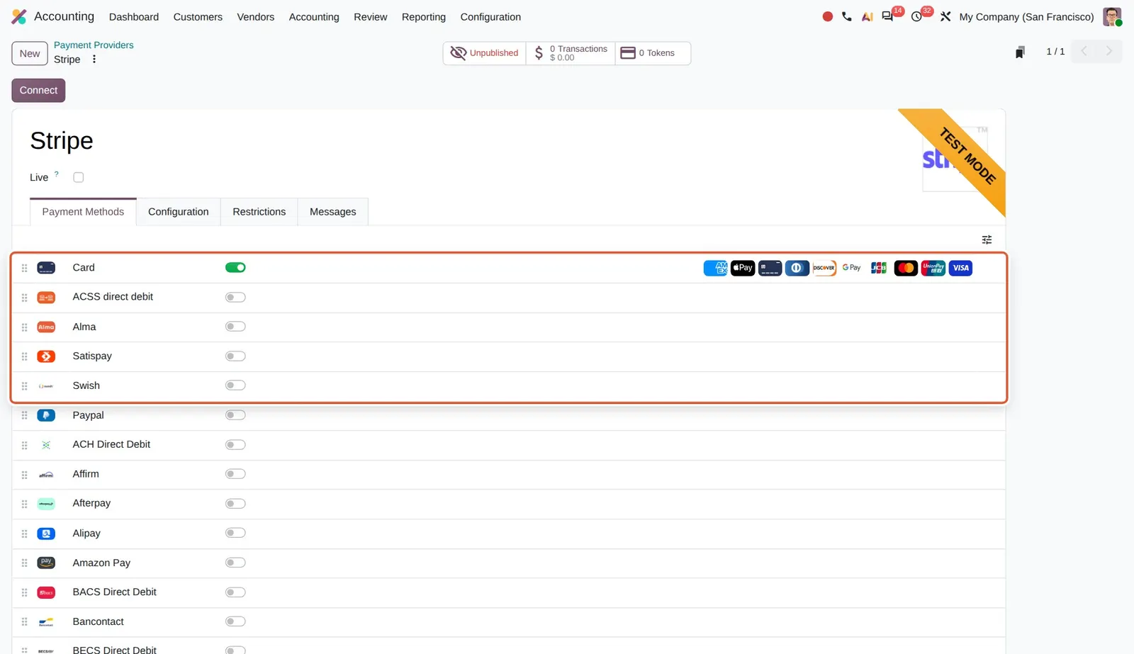 Odoo 20 Stripe: Card (with Apple Pay and Google Pay brand icons), ACSS direct debit, Alma, Satispay and Swish on Stripe.
