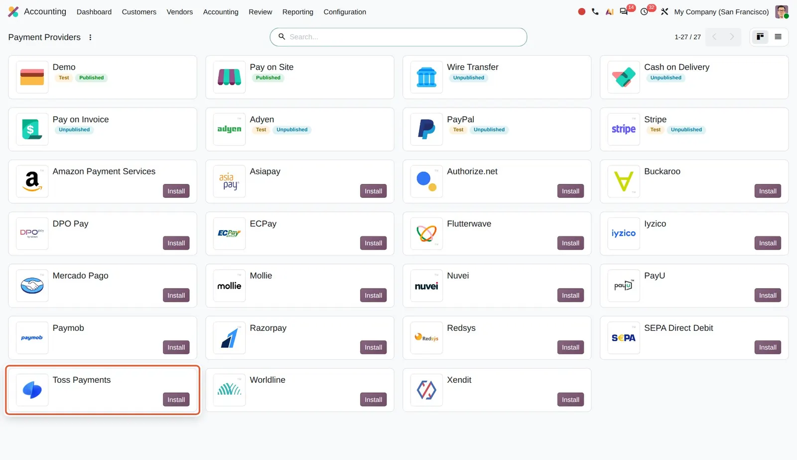 Odoo 20 Toss Payments: Toss Payments is listed as an installable payment provider.