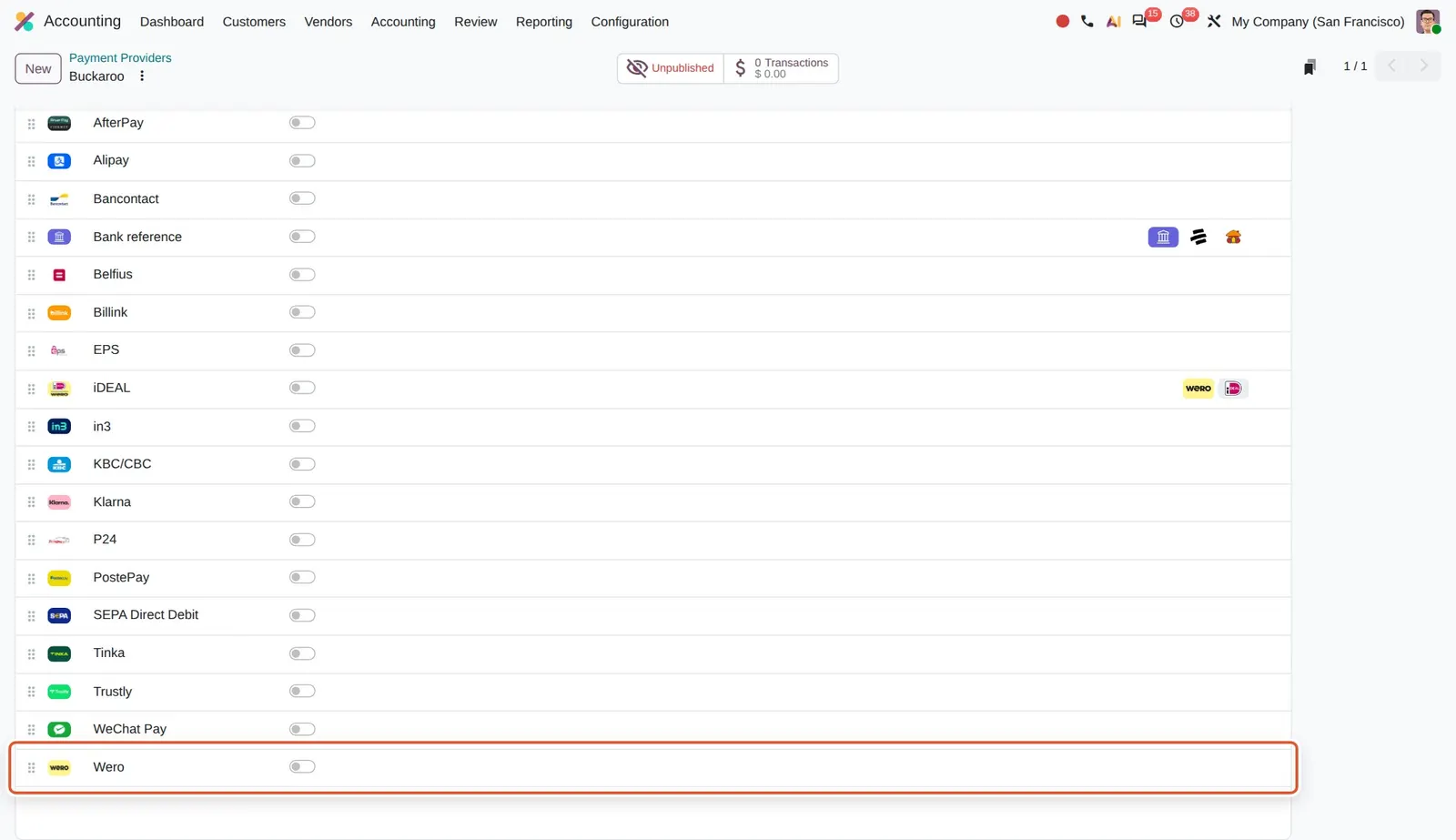 Odoo 20 Wero: Wero now appears as its own payment method on Buckaroo, and also as a small badge on the iDEAL row since Wero piggybacks on iDEAL rails in some markets; the same Wero method is present on Worldline.