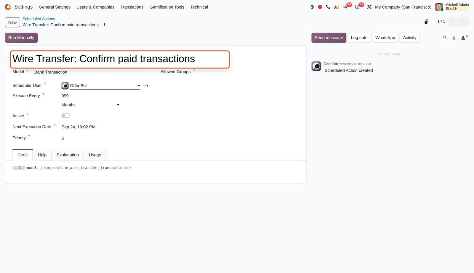 Odoo 20 Wire transfers: The new scheduled action that confirms paid wire transfers from bank transactions.