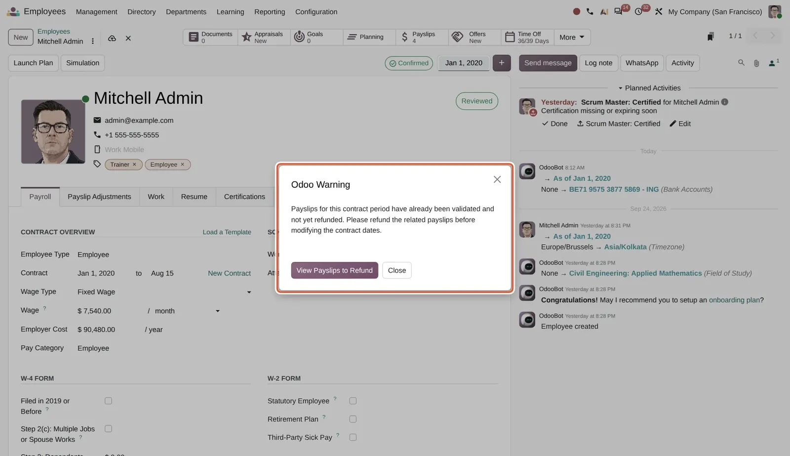 Odoo 20 Contract date modification: Setting the contract end date to Aug 15 is refused because the August payslip is already validated.