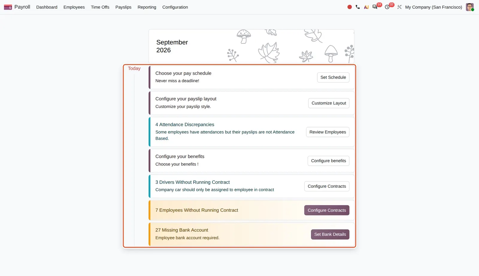 Odoo 20 Dashboard: The revamped dashboard: setup cards and control warnings on a monthly timeline, each with its action button.