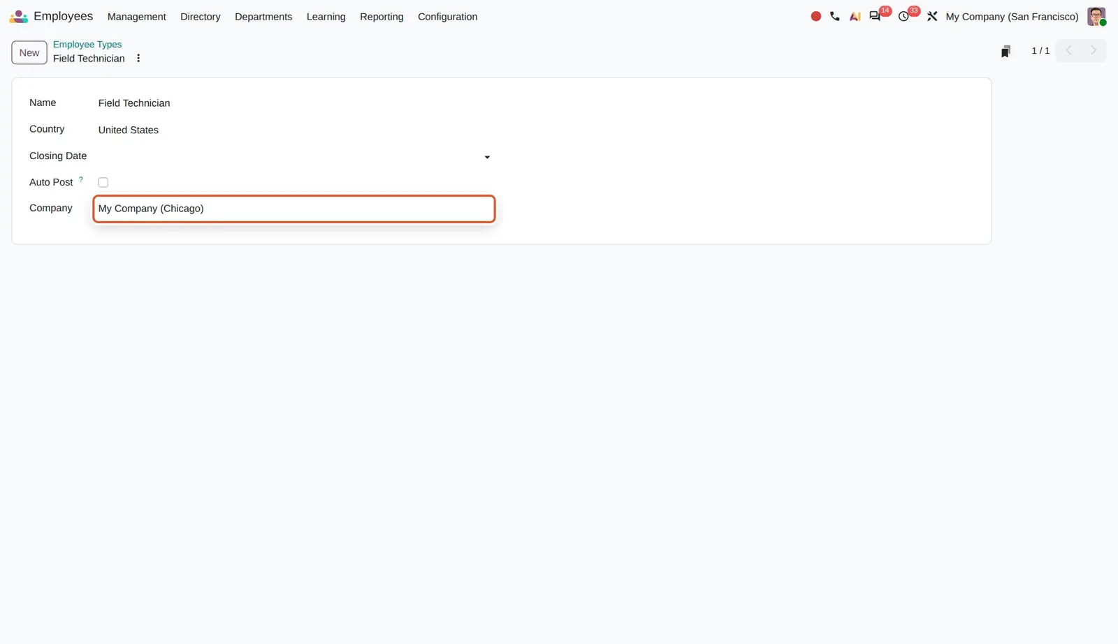 Odoo 20 Employee type per company or branch: A demo "Field Technician" employee type restricted to the Chicago company through the Company field.