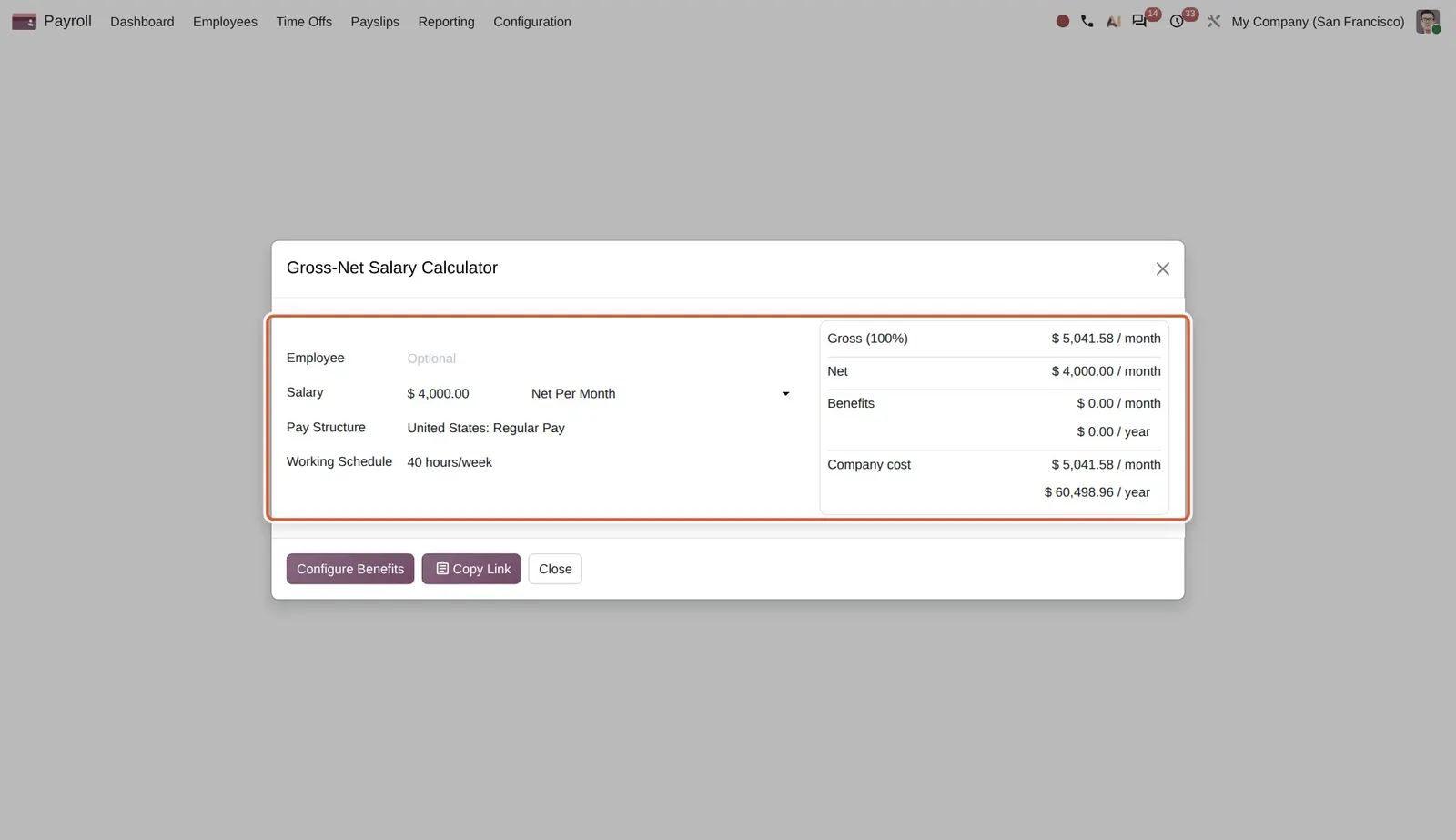 Odoo 20 Net to gross simulation: A salary entered as Net Per Month, with the gross, benefits and company cost computed on the right.
