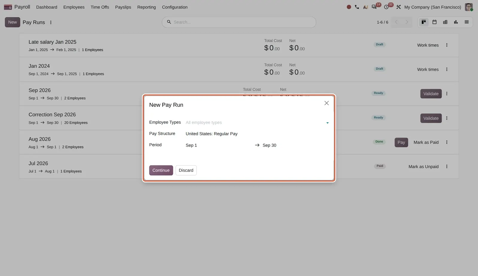 Odoo 20 Pay run workflow: First step of the guided flow: the New Pay Run dialog with employee types, pay structure and period.