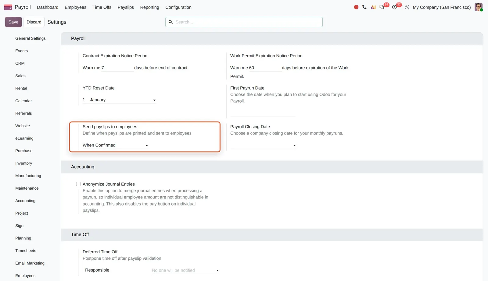 Odoo 20 Payslip sending options: The Send payslips to employees setting (When Confirmed, When Paid, Manually).