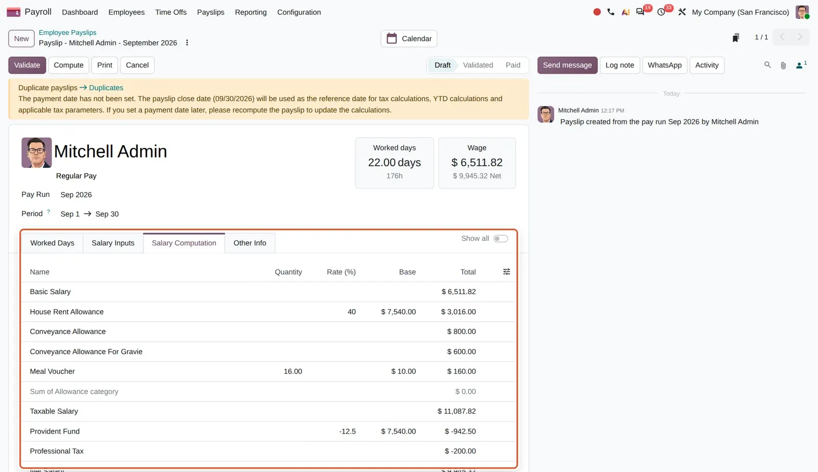 Odoo 20 Payslip UX: The Salary Computation tab with only relevant lines, a muted category total and the Show all toggle.