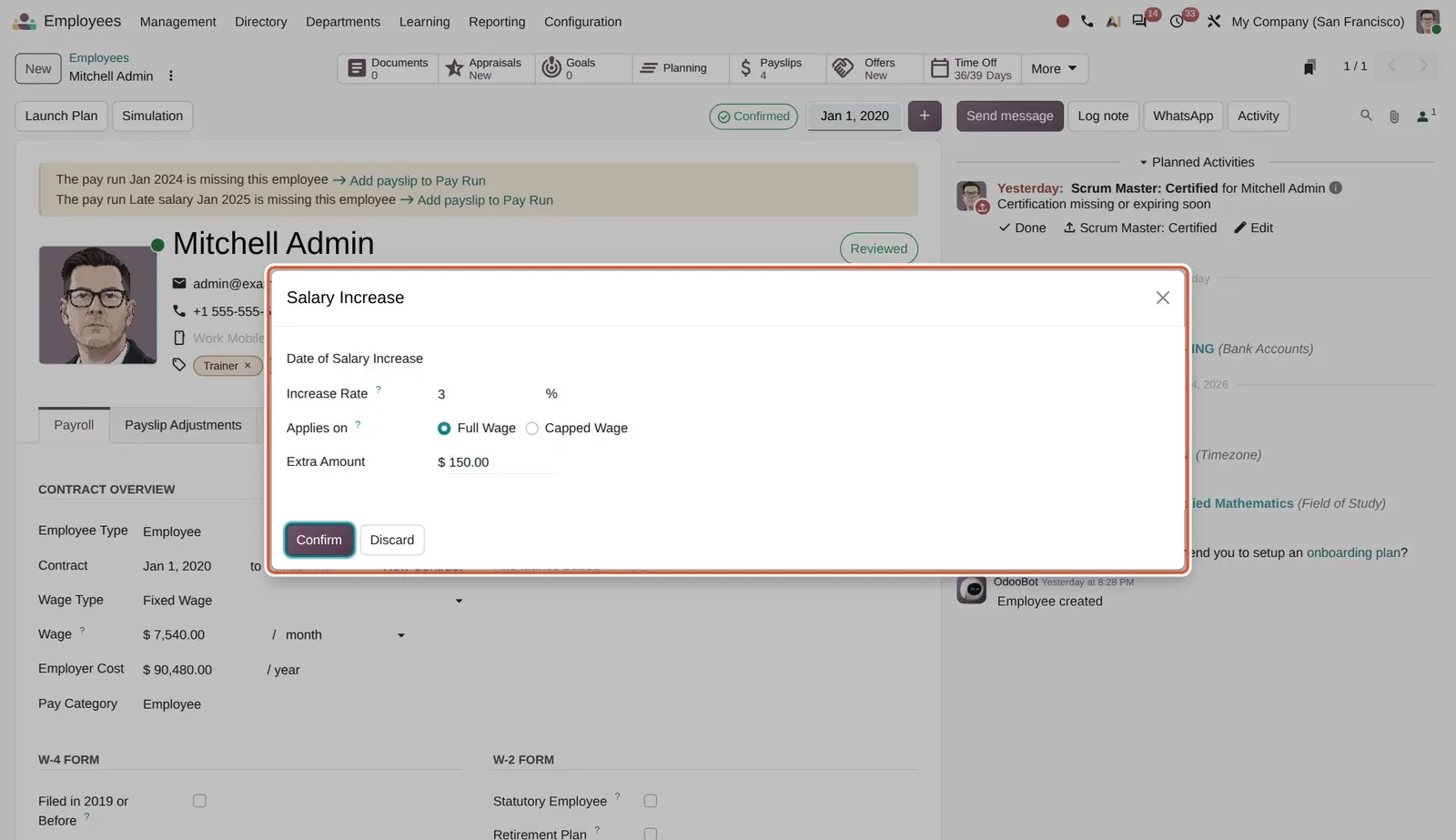 Odoo 20 Salary indexation: The Salary Increase dialog with a 3 % rate and a fixed extra amount of 150.