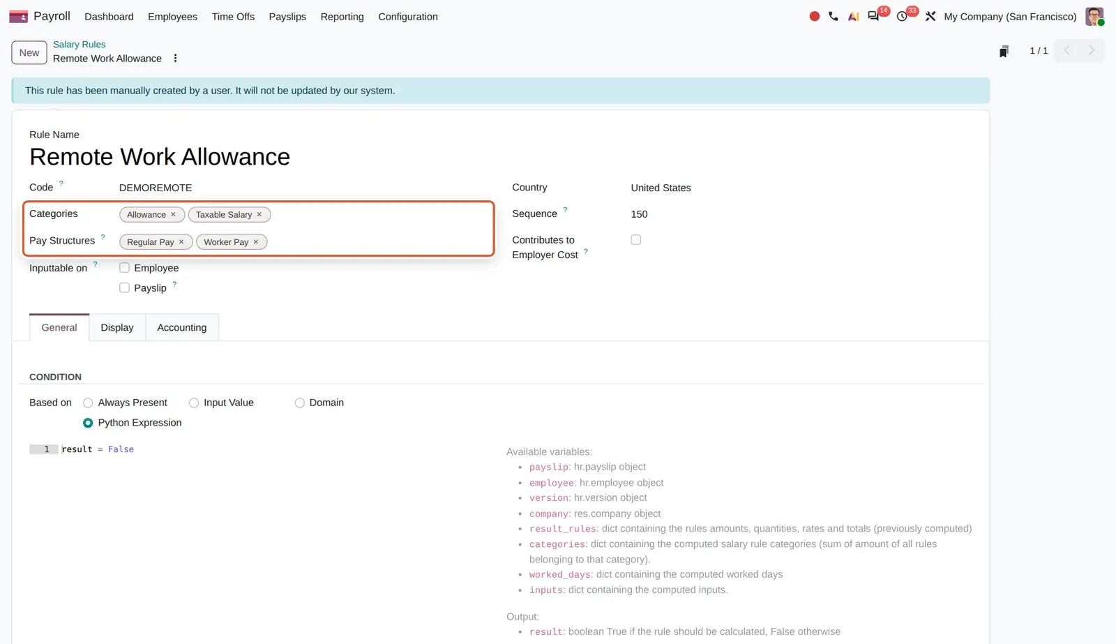 Odoo 20 Salary rules: A demo rule with two categories (Allowance, Taxable Salary) and two pay structures (Regular Pay, Worker Pay).