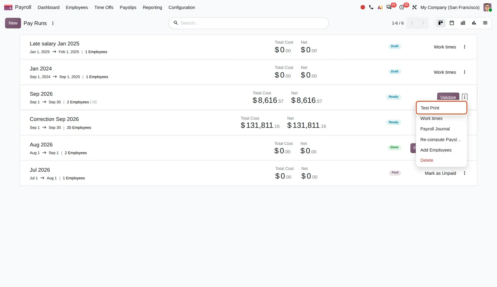 Odoo 20 Test print pay runs: The Test Print action in the menu of a Ready pay run.