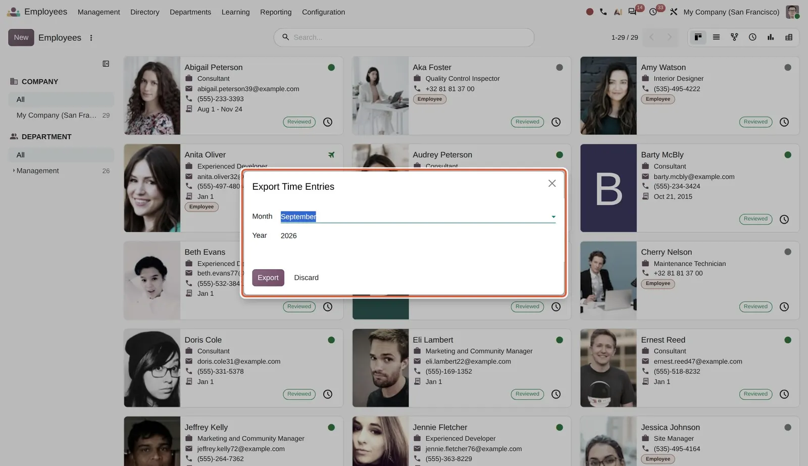 Odoo 20 Time entry exports: The Export Time Entries dialog: pick the month and year, then Export.