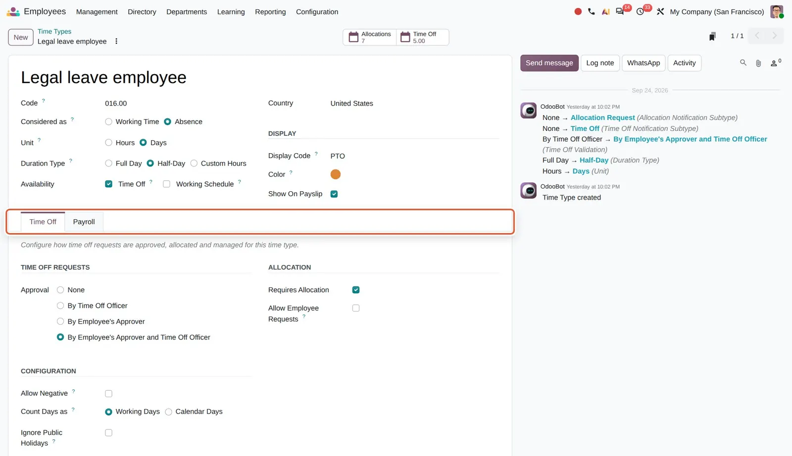 Odoo 20 Work entries removal: One Time Type now holds both the Time Off settings and the Payroll settings (the two tabs).