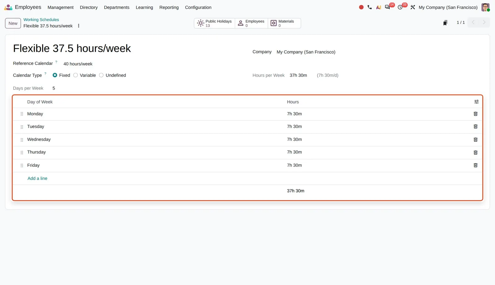 Odoo 20 Working schedules: A demo schedule where each day only has a number of hours (7h 30m), with no start or end time.