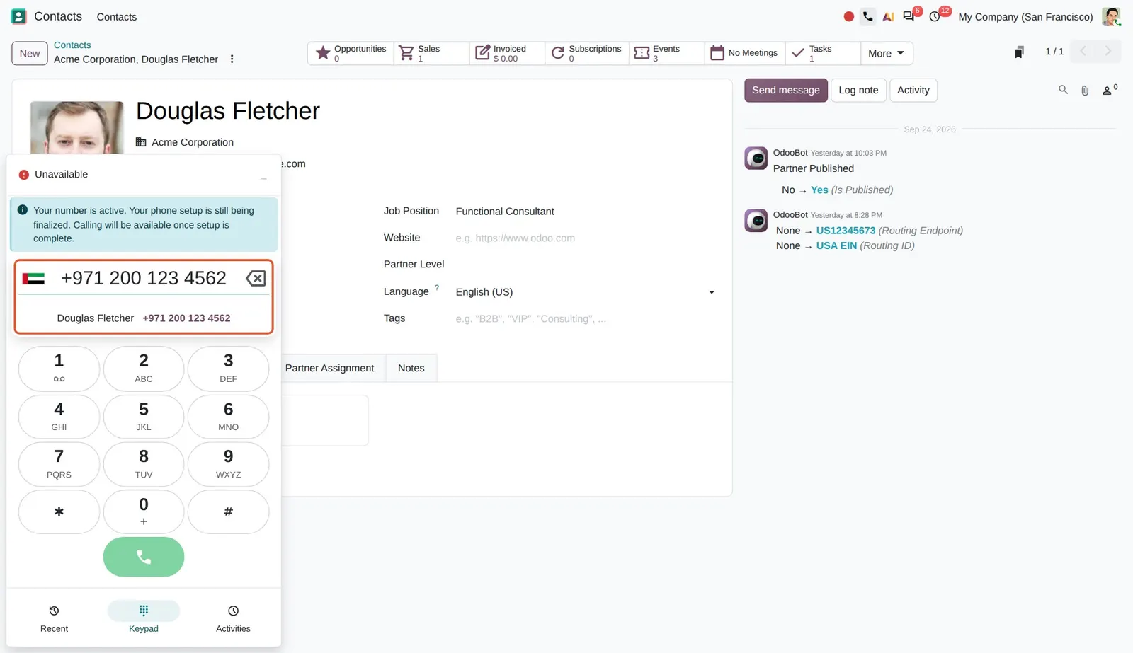 Odoo 20 Auto-fill and auto-log: The keypad is pre-filled with the contact's number and the contact is suggested.