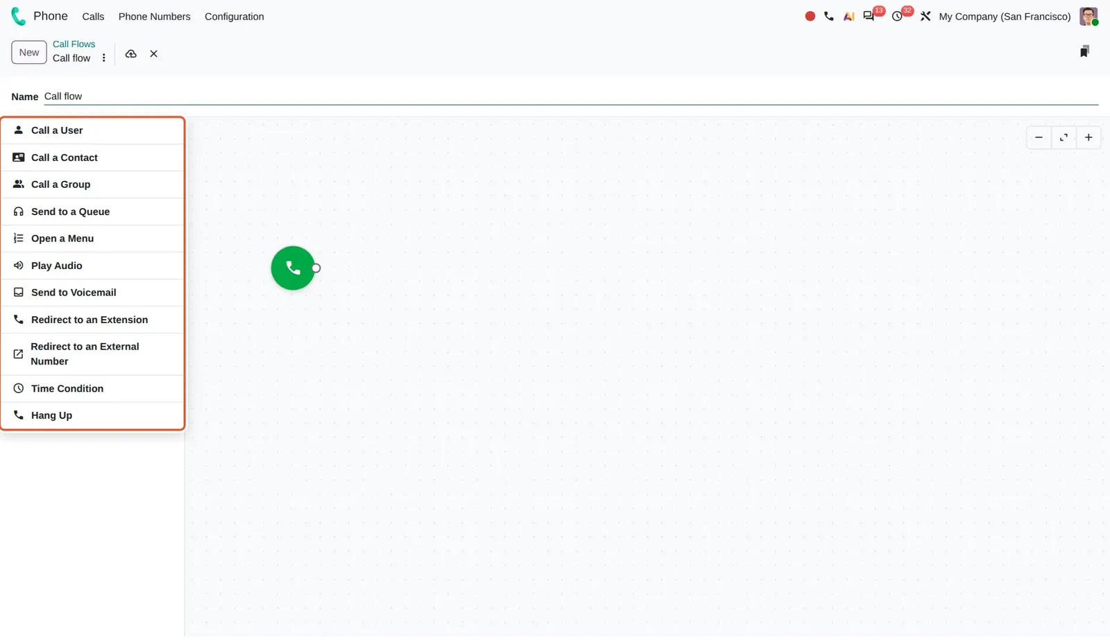 Odoo 20 Call flow designer: The palette of call flow steps next to the canvas with the Start node.