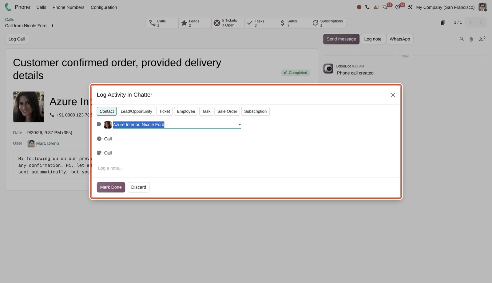 Odoo 20 Call logging in chatter: The Log Activity in Chatter dialog with the record types the call can be logged on.