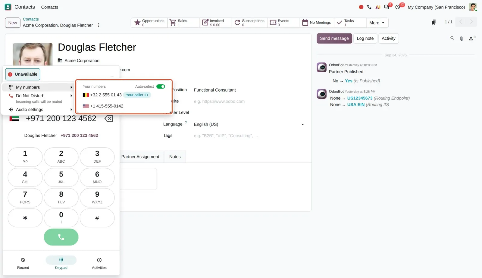 Odoo 20 Choose outgoing number: Two numbers for the user, one marked Your caller ID, and the Auto-select switch.