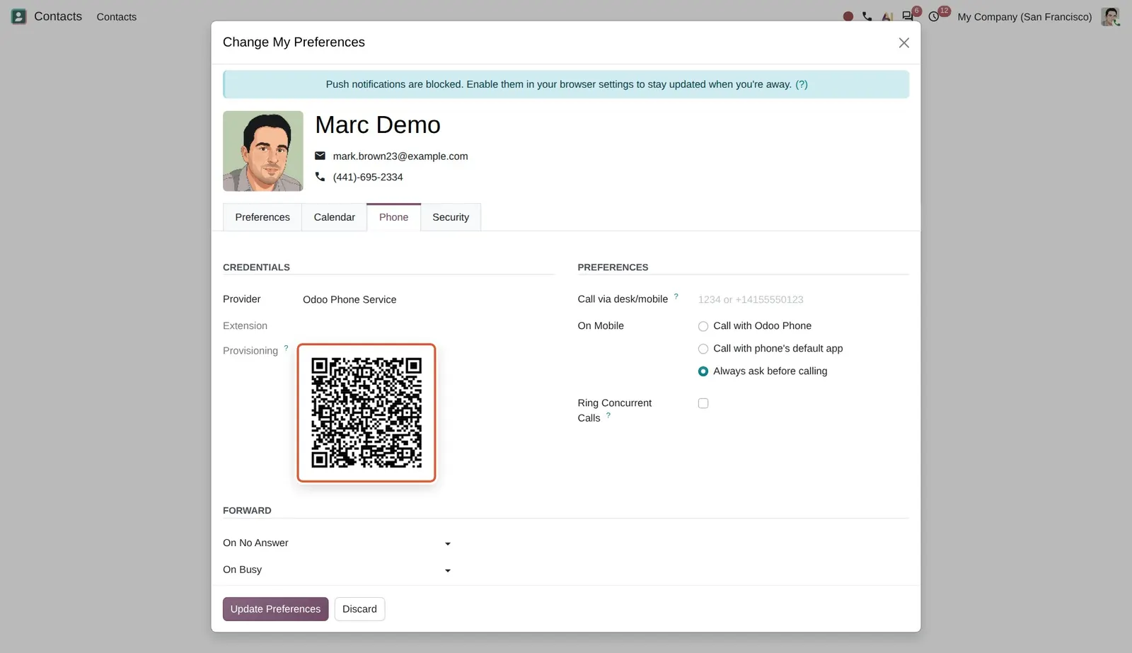 Odoo 20 Linphone: The Linphone provisioning QR code.