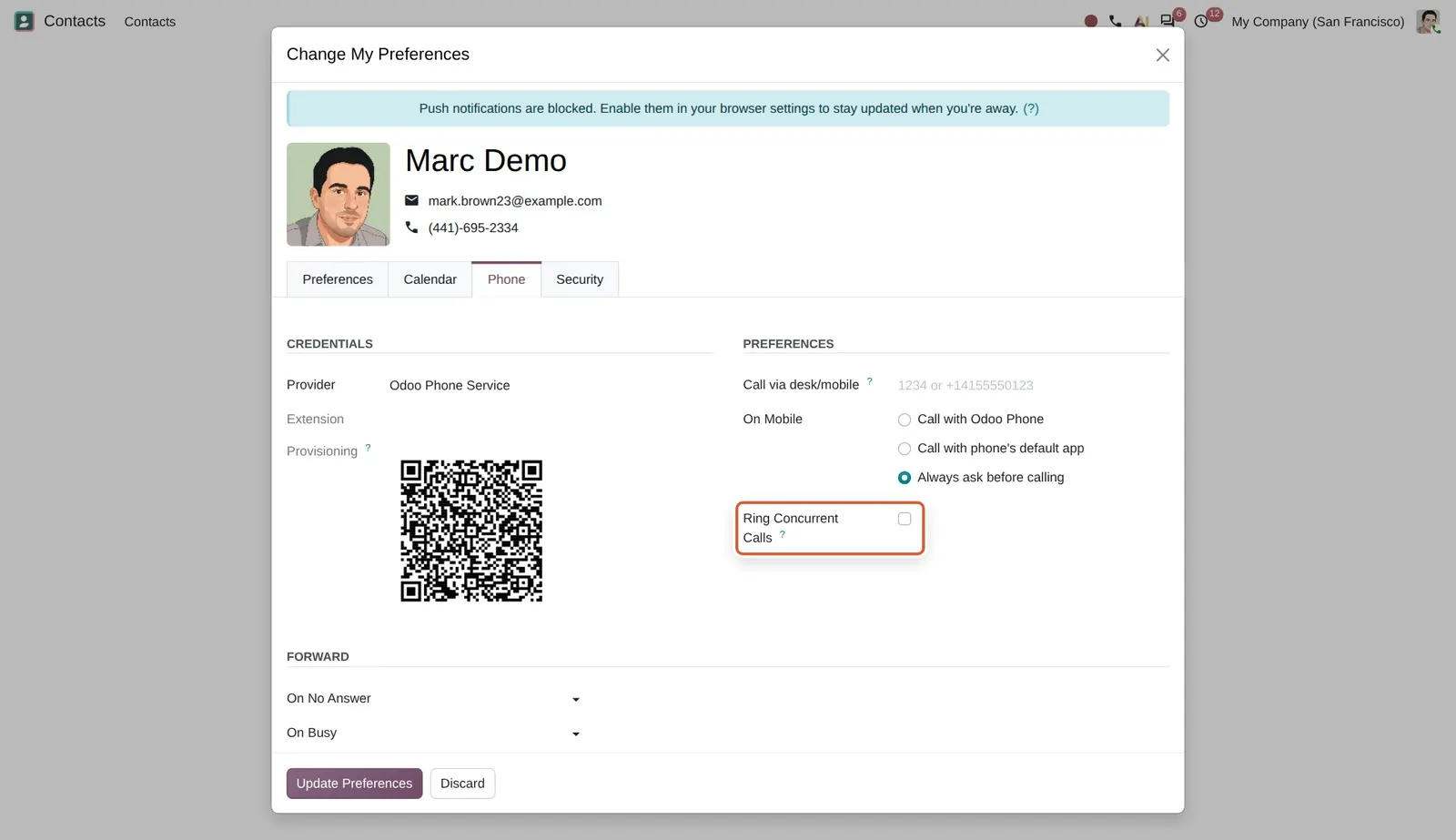 Odoo 20 Simultaneous calling: The new Ring Concurrent Calls preference.