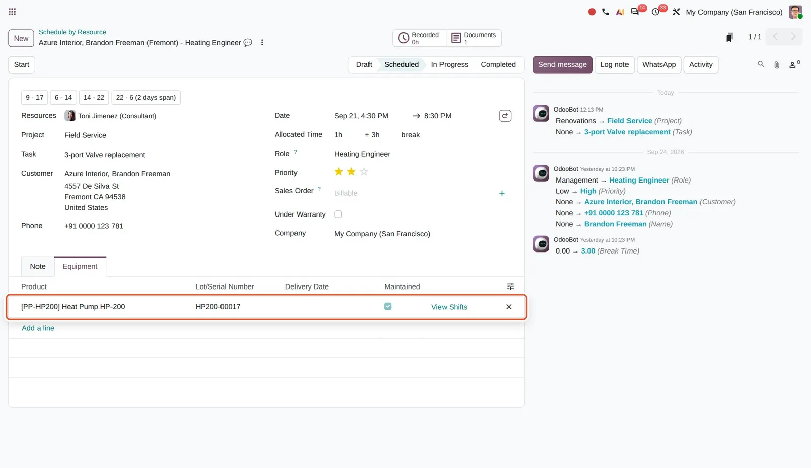Odoo 20 Field Service: customer equipment: The heat pump on this intervention carries the Maintained ribbon because a running subscription covers it.