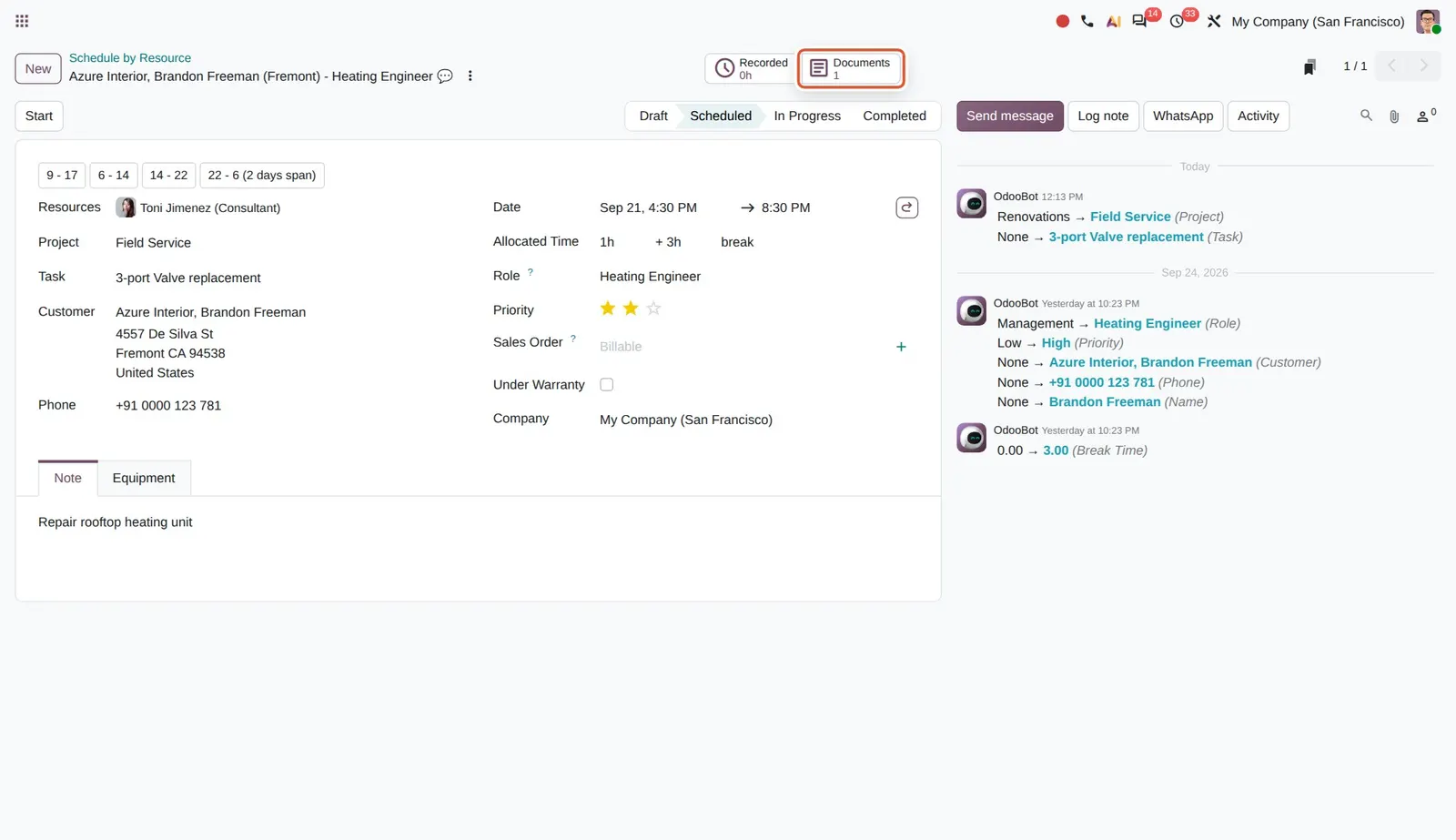 Odoo 20 Field Service: customer equipment: The Documents smart button on the shift opens the equipment's service manual.