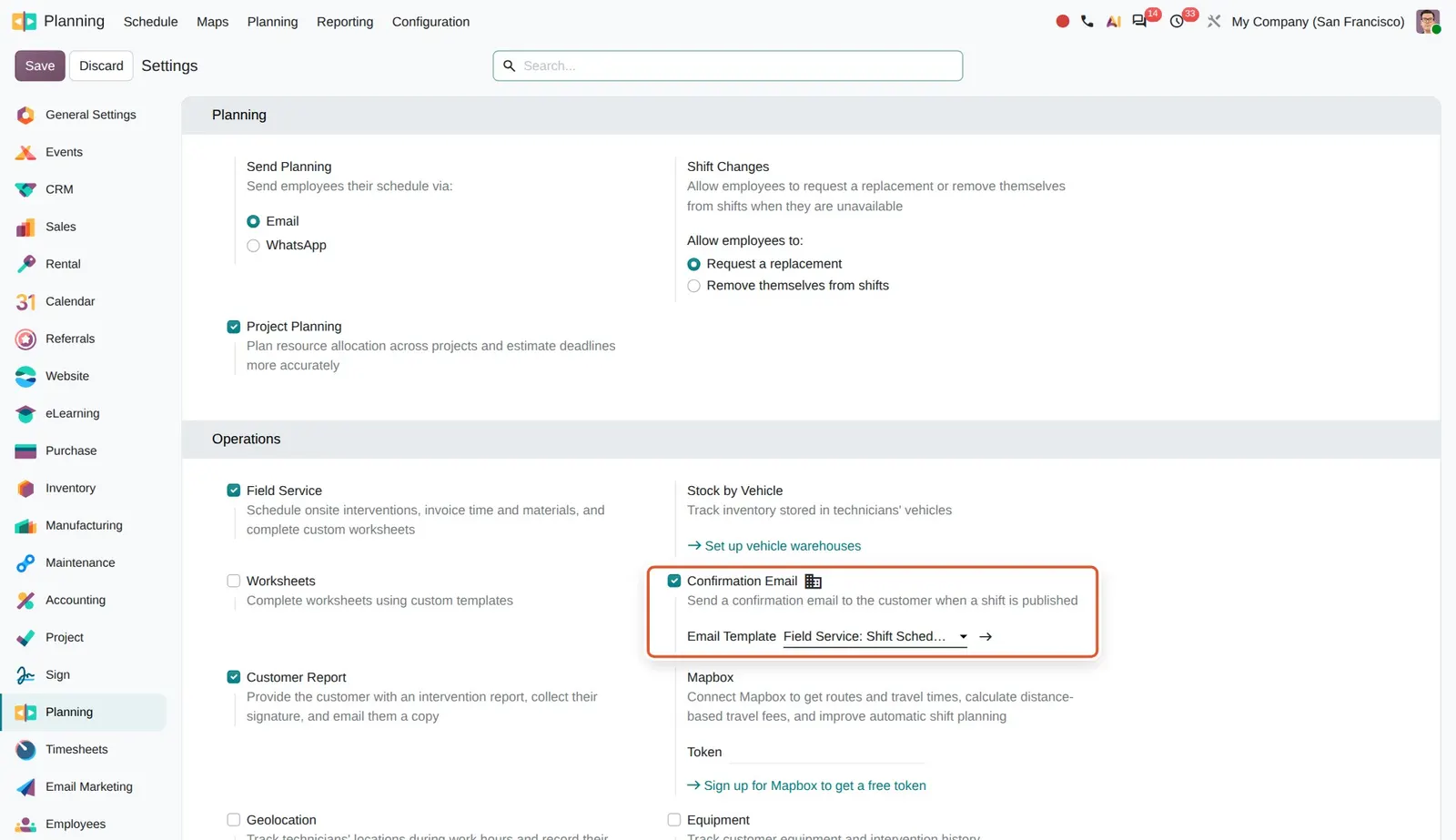 Odoo 20 Field Service: intervention confirmation email: The Confirmation Email setting with its email template.