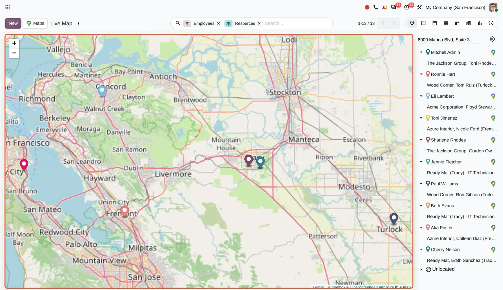 Odoo 20 Field Service: live map: The live map with one pin per technician location.