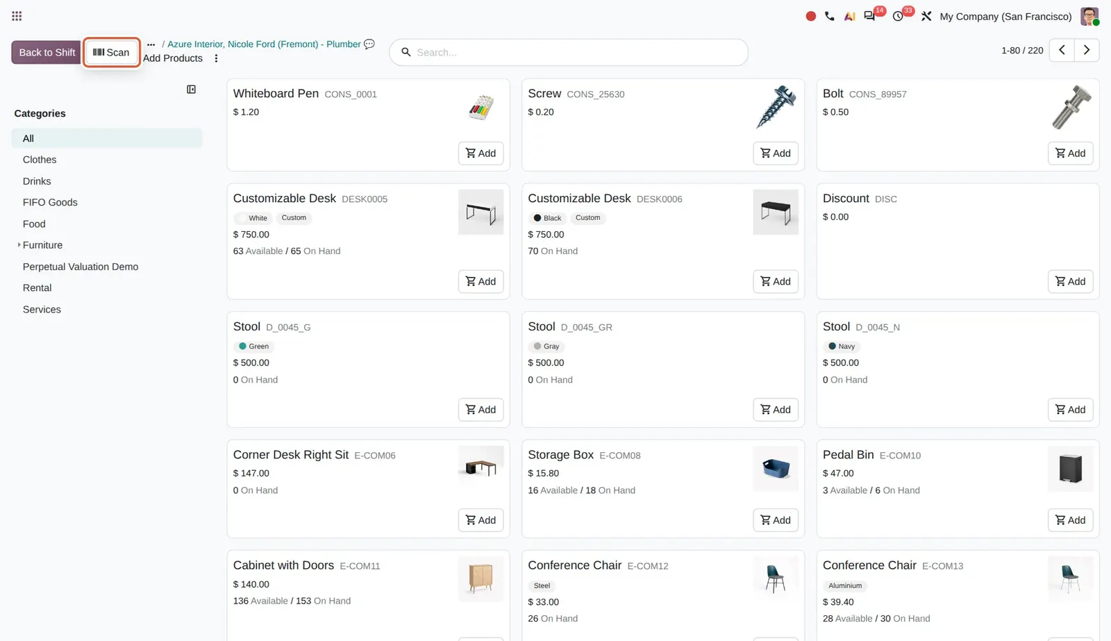 Odoo 20 Field Service: product barcodes: The Scan button in the product catalog of an intervention.