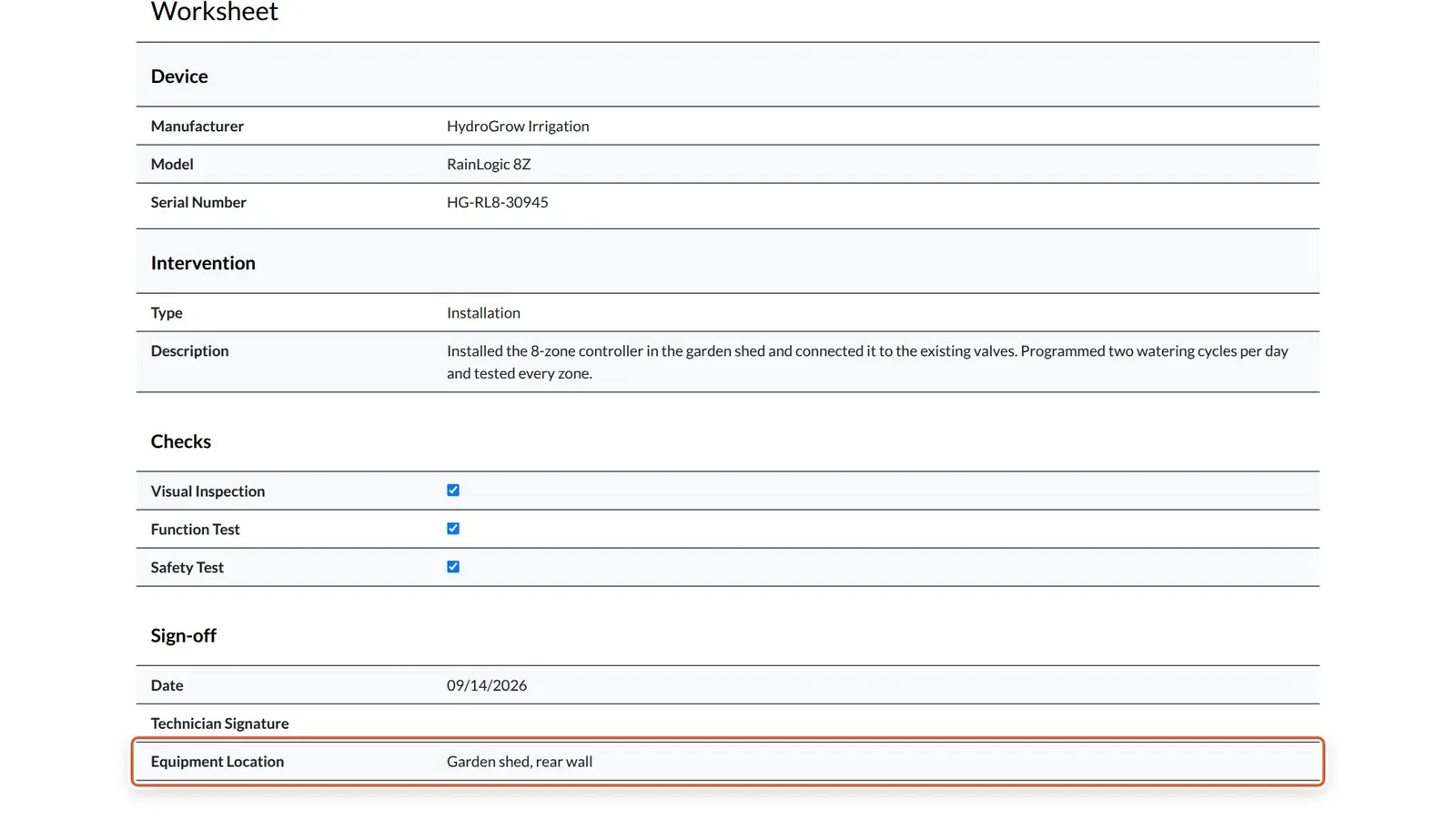 Odoo 20 Field Service: report: A field added to the worksheet page of the shift form (Equipment Location) shows up as its own row at the end of the printed Field Service Report, grouped the same way as the rest of the worksheet.