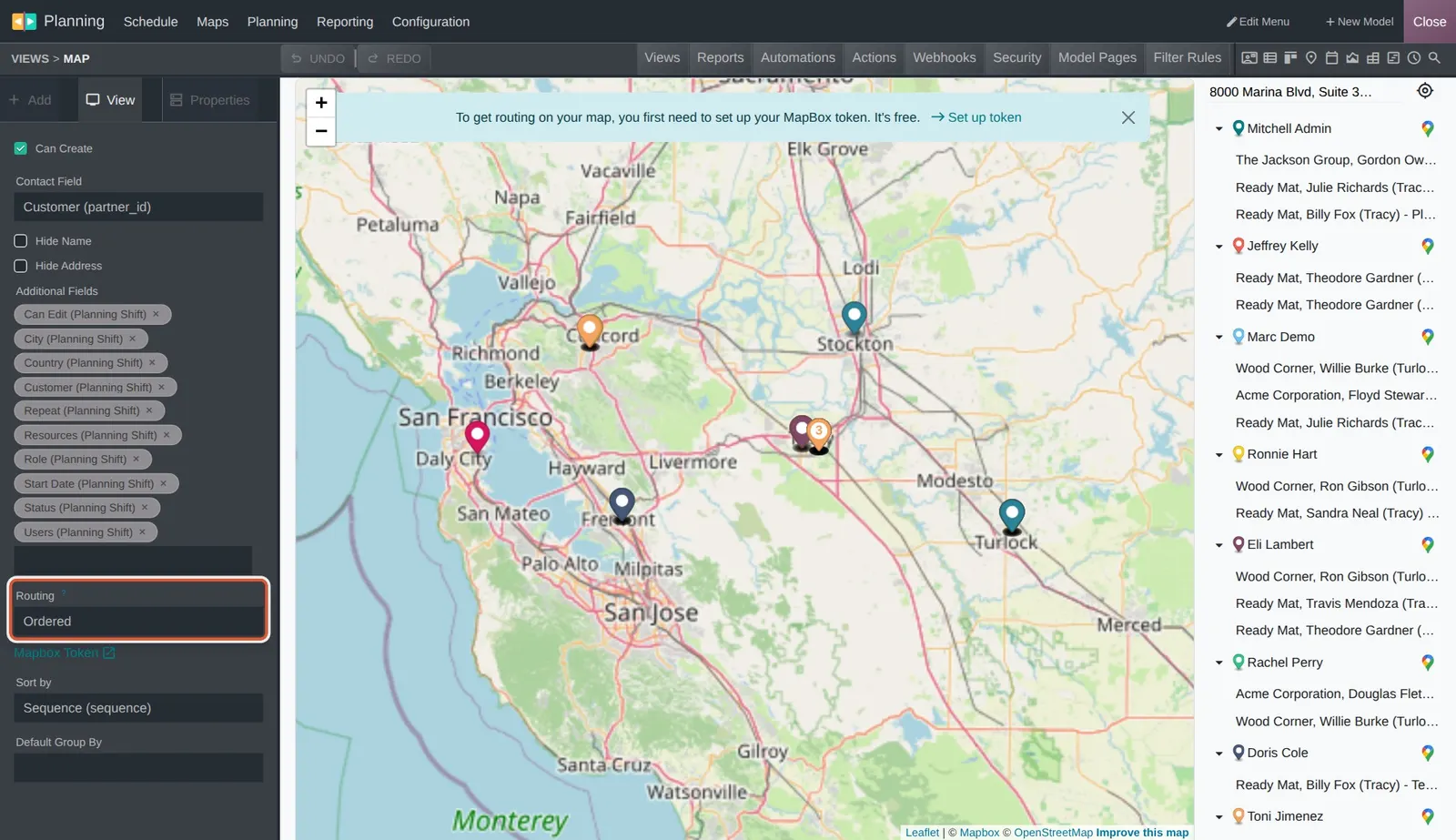 Odoo 20 Field Service: routing preferences: The Routing option of the map view in Studio, set to Ordered; the other value is Optimized. Drawing the routes themselves needs a Mapbox token.