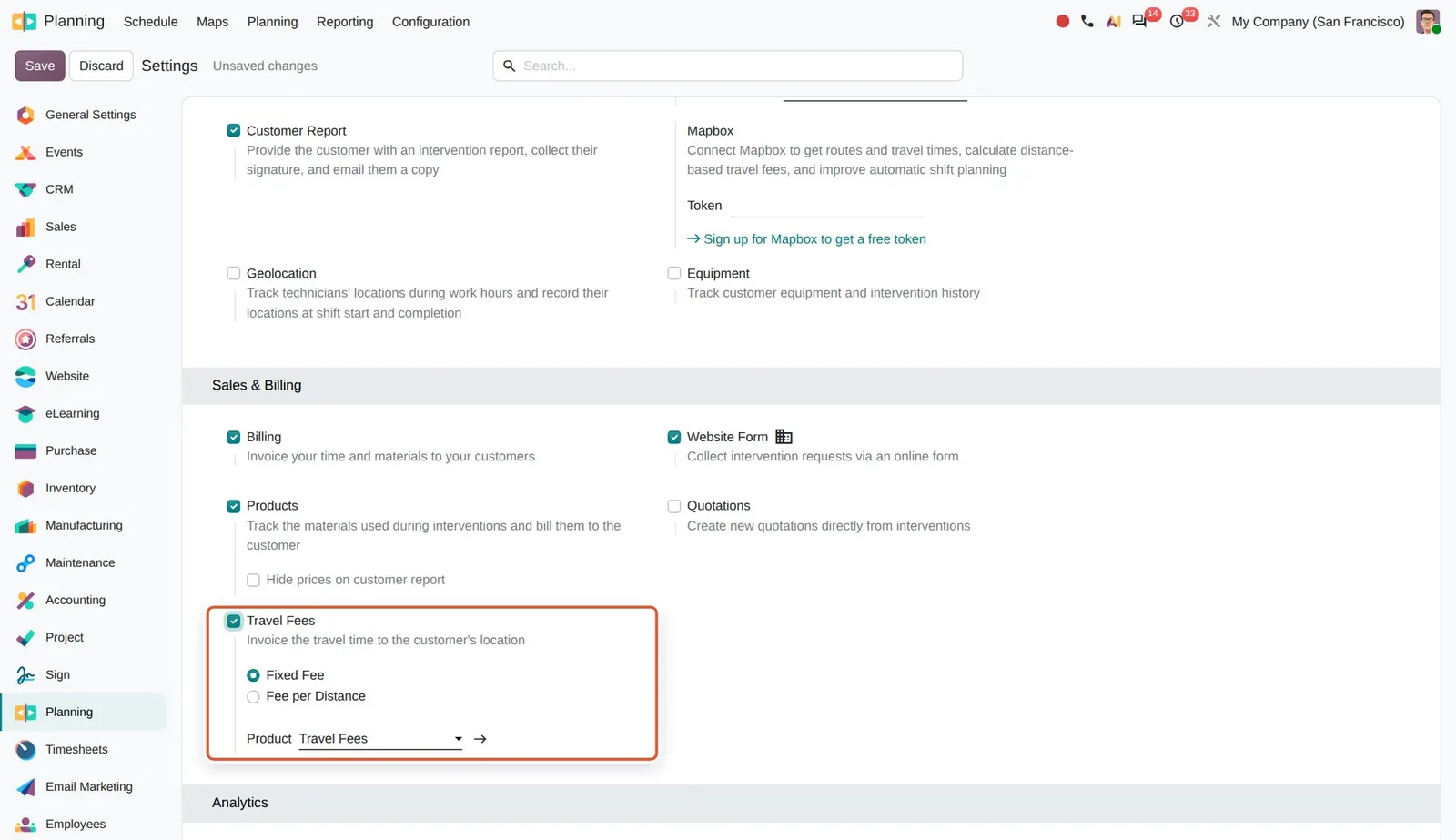Odoo 20 Field Service: travel fees: The Travel Fees setting with the Fixed Fee and Fee per Distance modes (shown ticked here without saving).