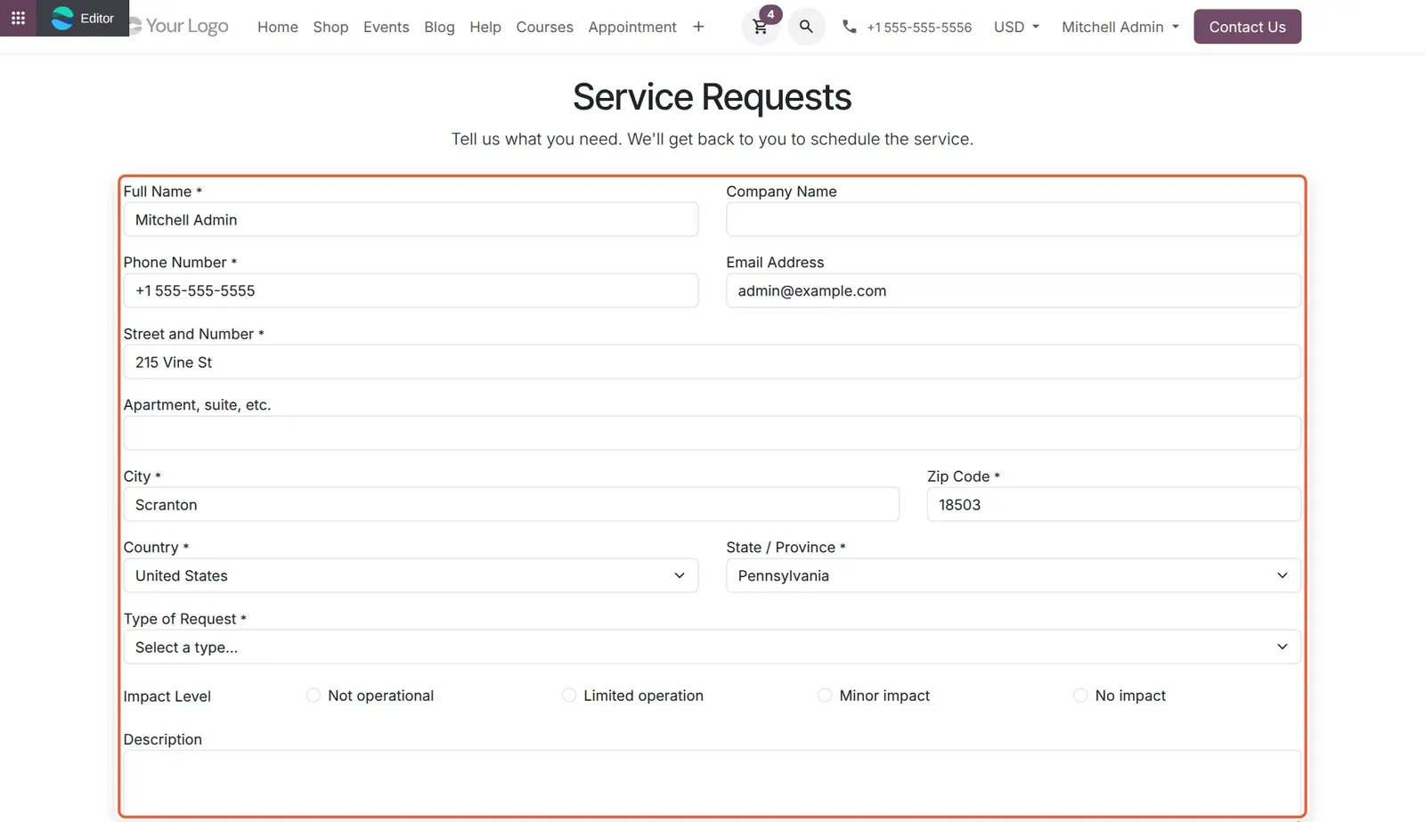 Odoo 20 Field Service: website form: The public service request form.