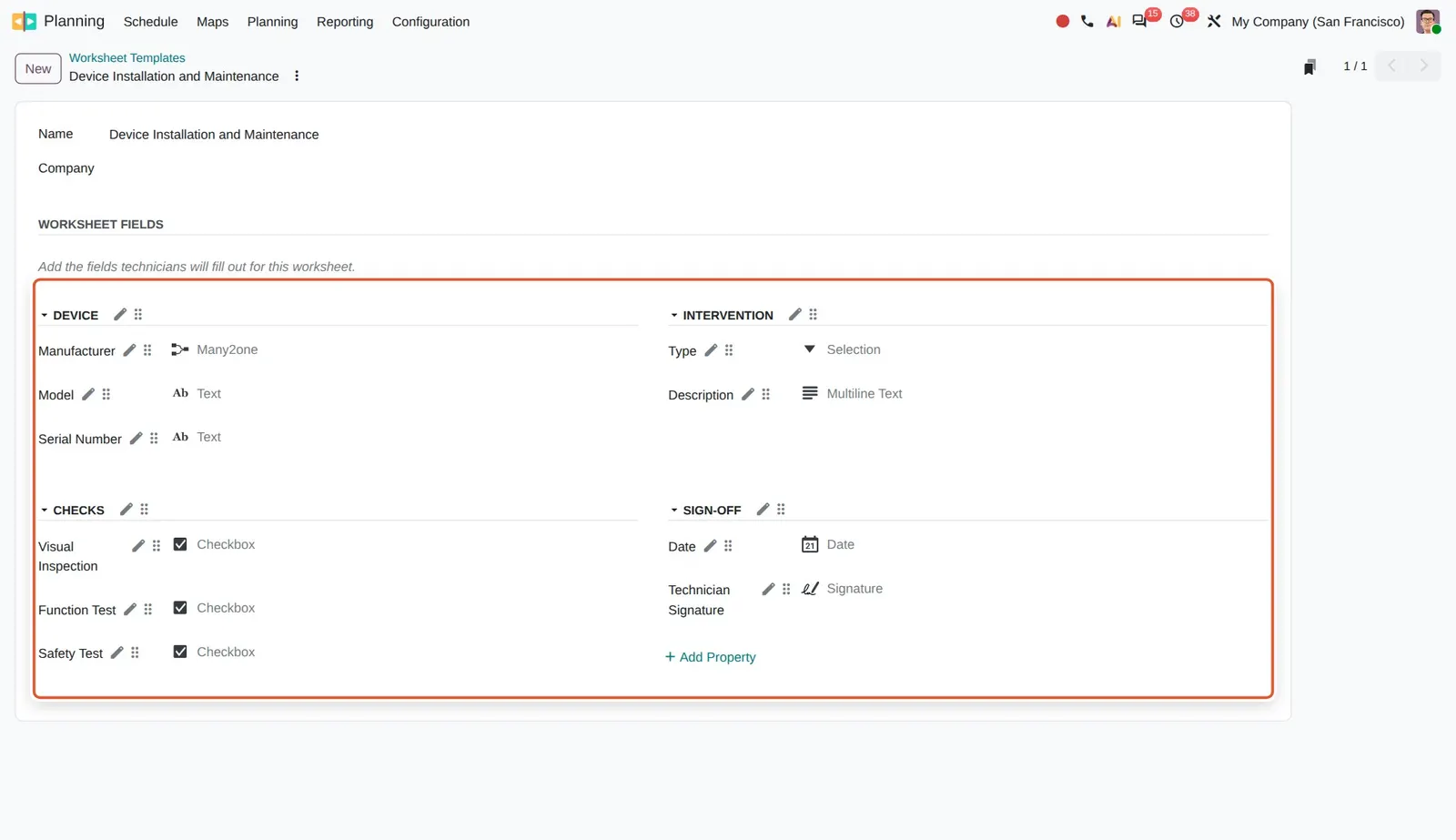 Odoo 20 Field Service: worksheets: The Device Installation and Maintenance template defines its questions as property fields grouped into Device, Intervention, Checks and Sign-off, with an Add Property link at the end.