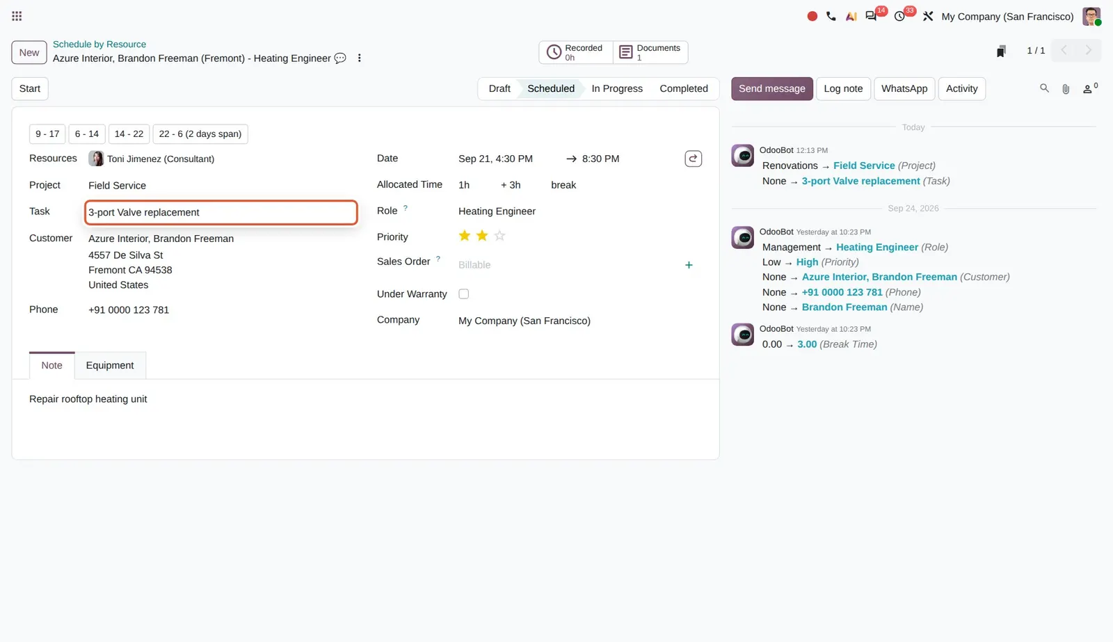 Odoo 20 Link shifts to tasks: The Task field on a shift of the Field Service project.