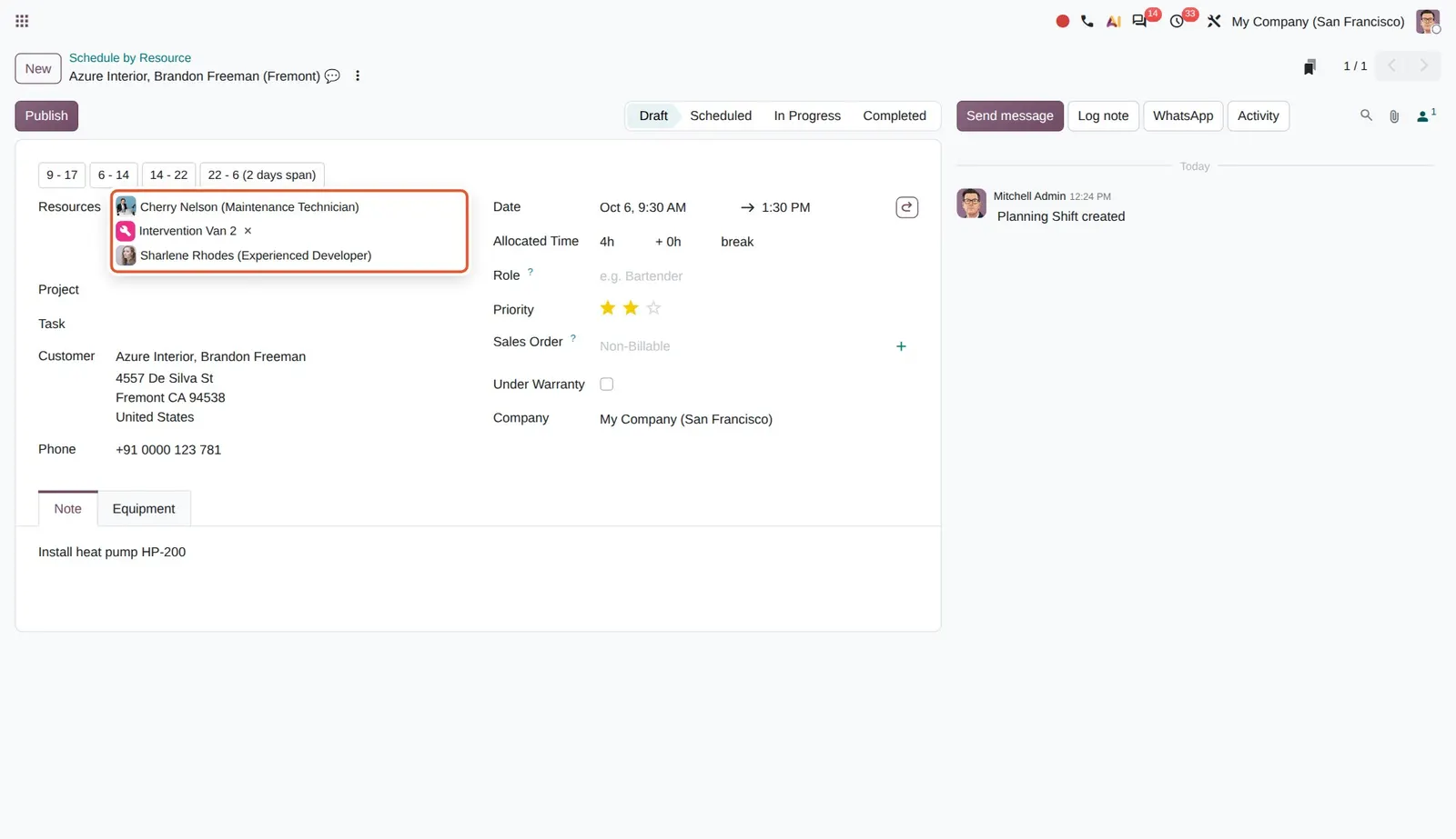 Odoo 20 Multiple resource assignment: One shift with two employees and a material in the Resources field.