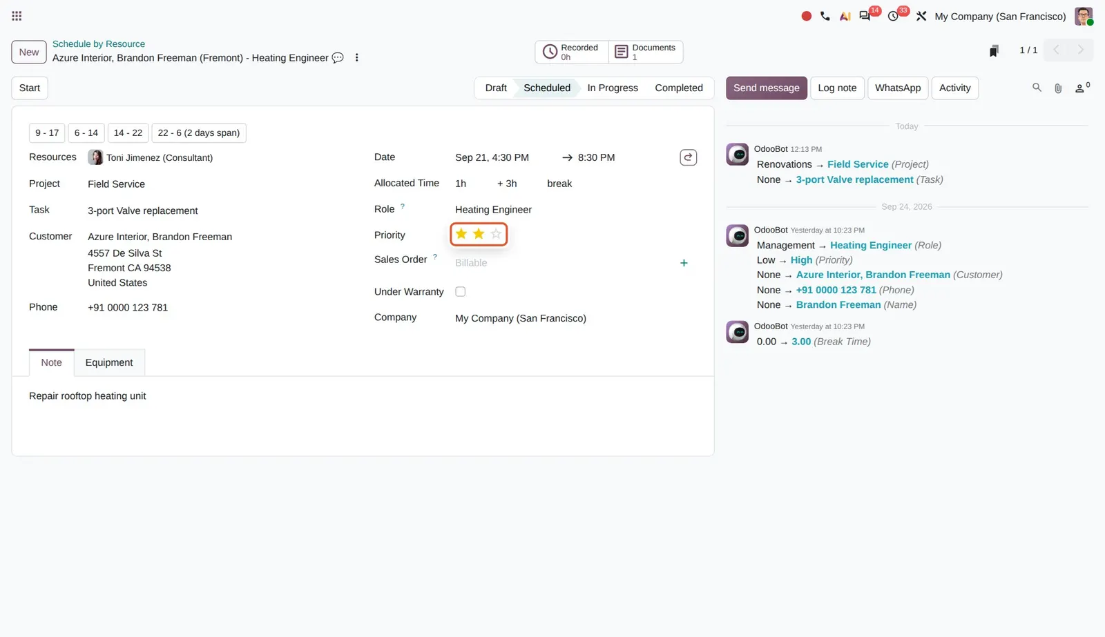 Odoo 20 Priority shifts: The priority stars on an intervention shift (here High).