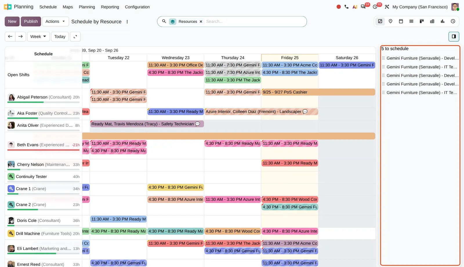 Odoo 20 Schedule shifts from side panel: The side panel with shifts to schedule, ready to be dragged into the Gantt.