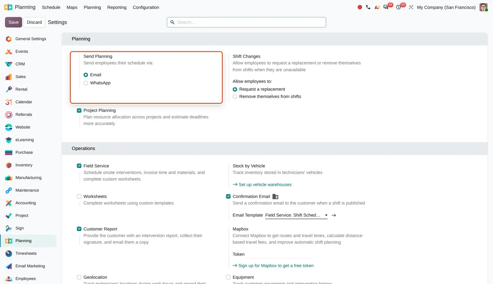 Odoo 20 Send shifts via WhatsApp: The Send Planning setting with the new WhatsApp option. Actual sending needs a WhatsApp Business account.