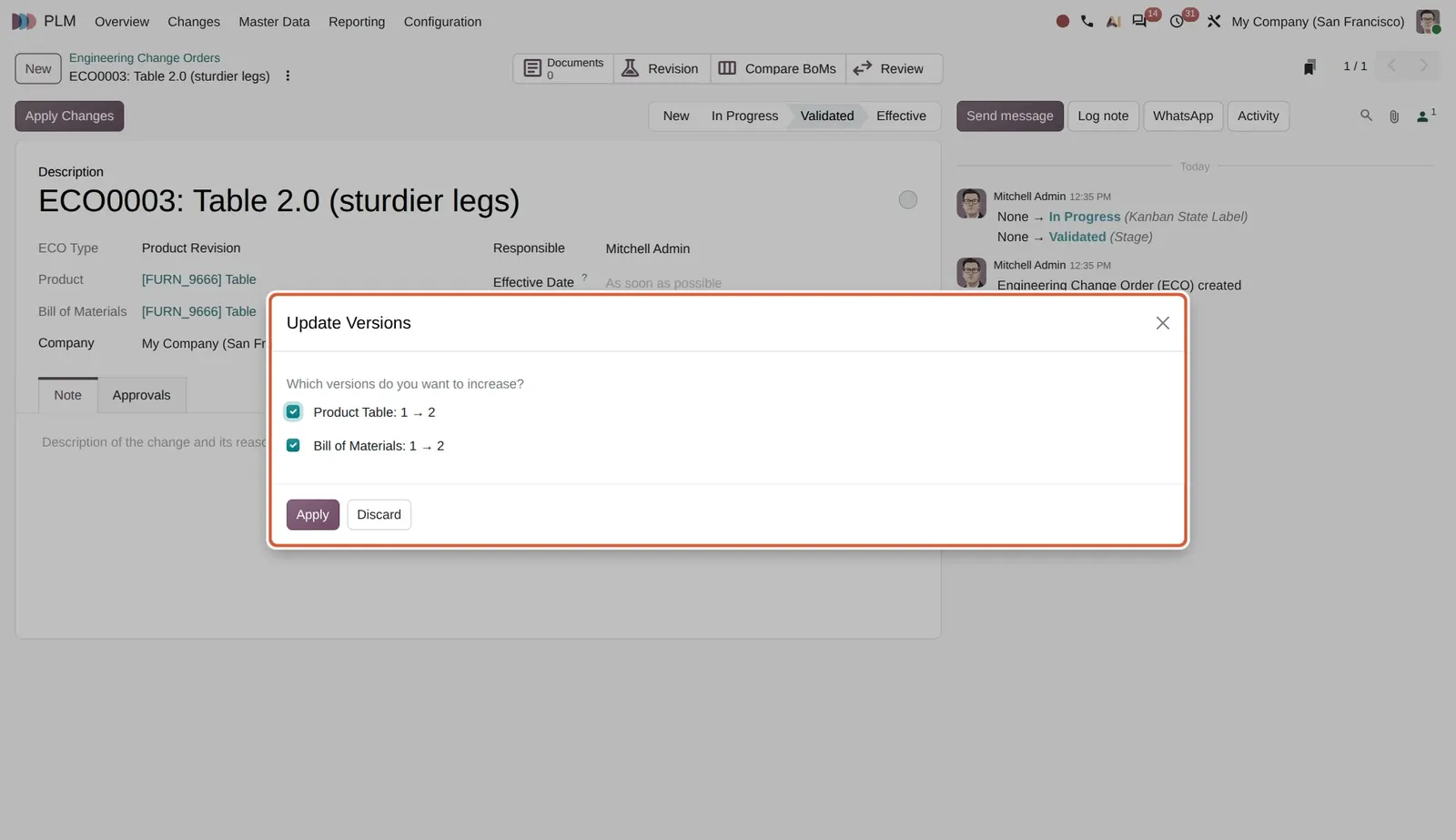 Odoo 20 Optional ECO version update: The Update Versions dialog: tick or untick the product and BoM versions to increase before applying.
