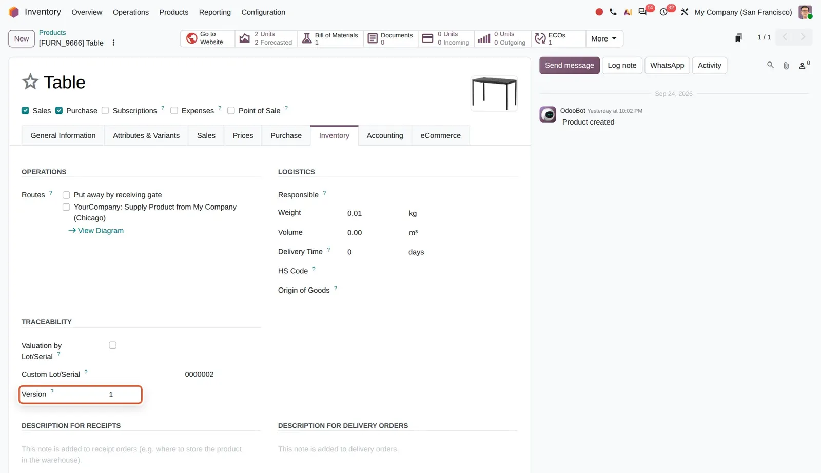 Odoo 20 Product updates: The new Version field on the product form, which ECOs can increase when they are applied.