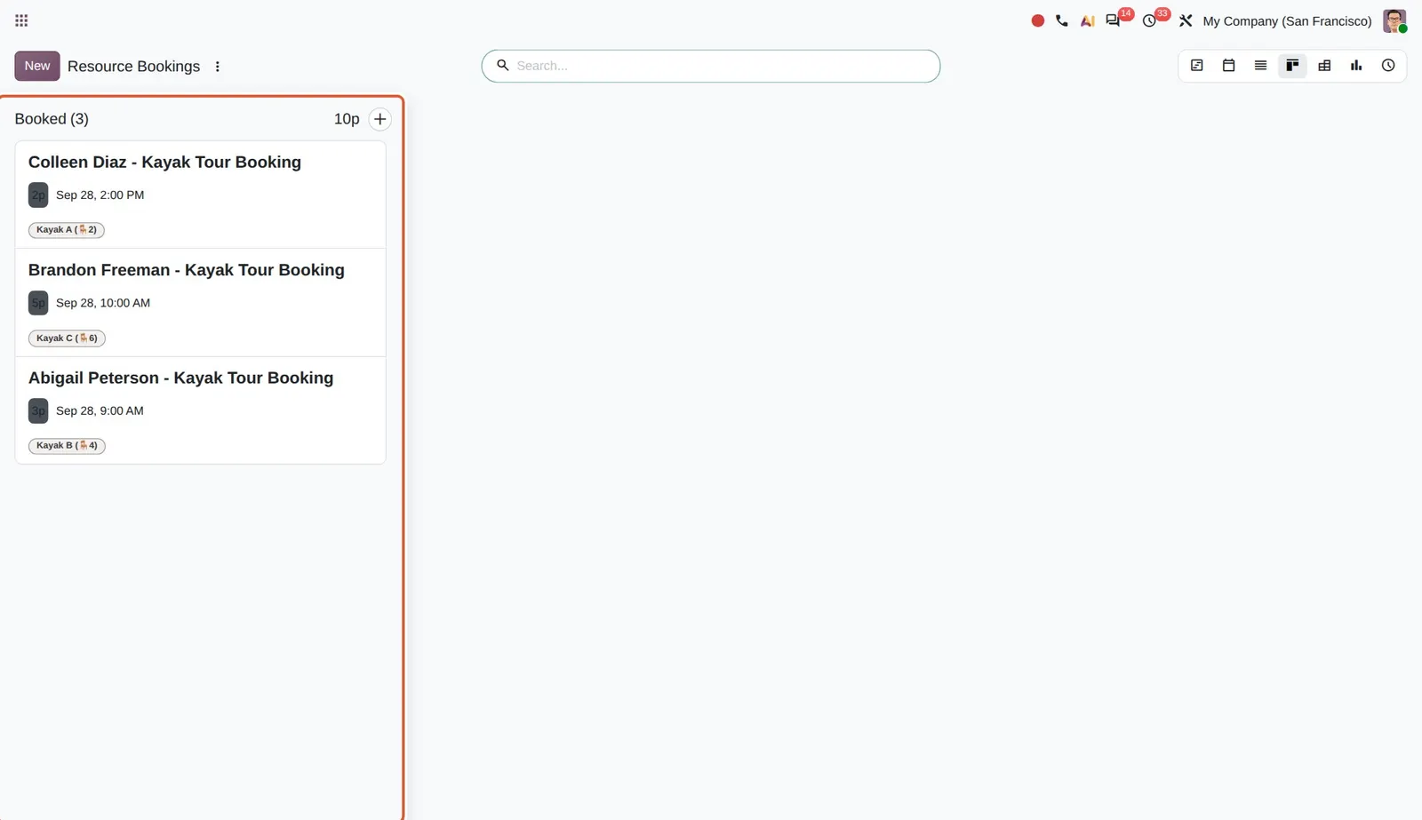 Odoo 20 Booking Kanban and pivot views: The new booking Kanban: bookings grouped by status, each card with guest, time and booked resource.