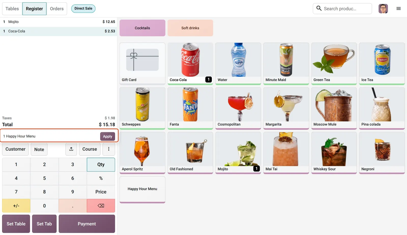 Odoo 20 Convert order lines into a combo: After adding a Mojito and a Coca-Cola, the POS suggests the "Happy Hour Menu" combo with an Apply button.
