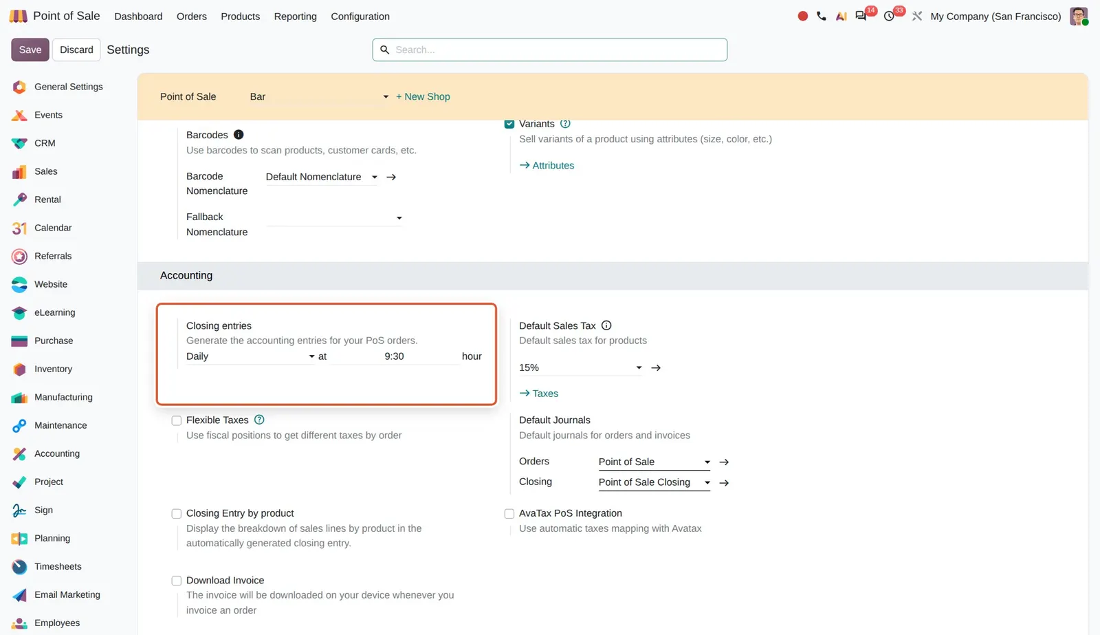 Odoo 20 End of session: The new Closing entries setting: generate the entries daily at a chosen hour (here 9:30) or at session closing.
