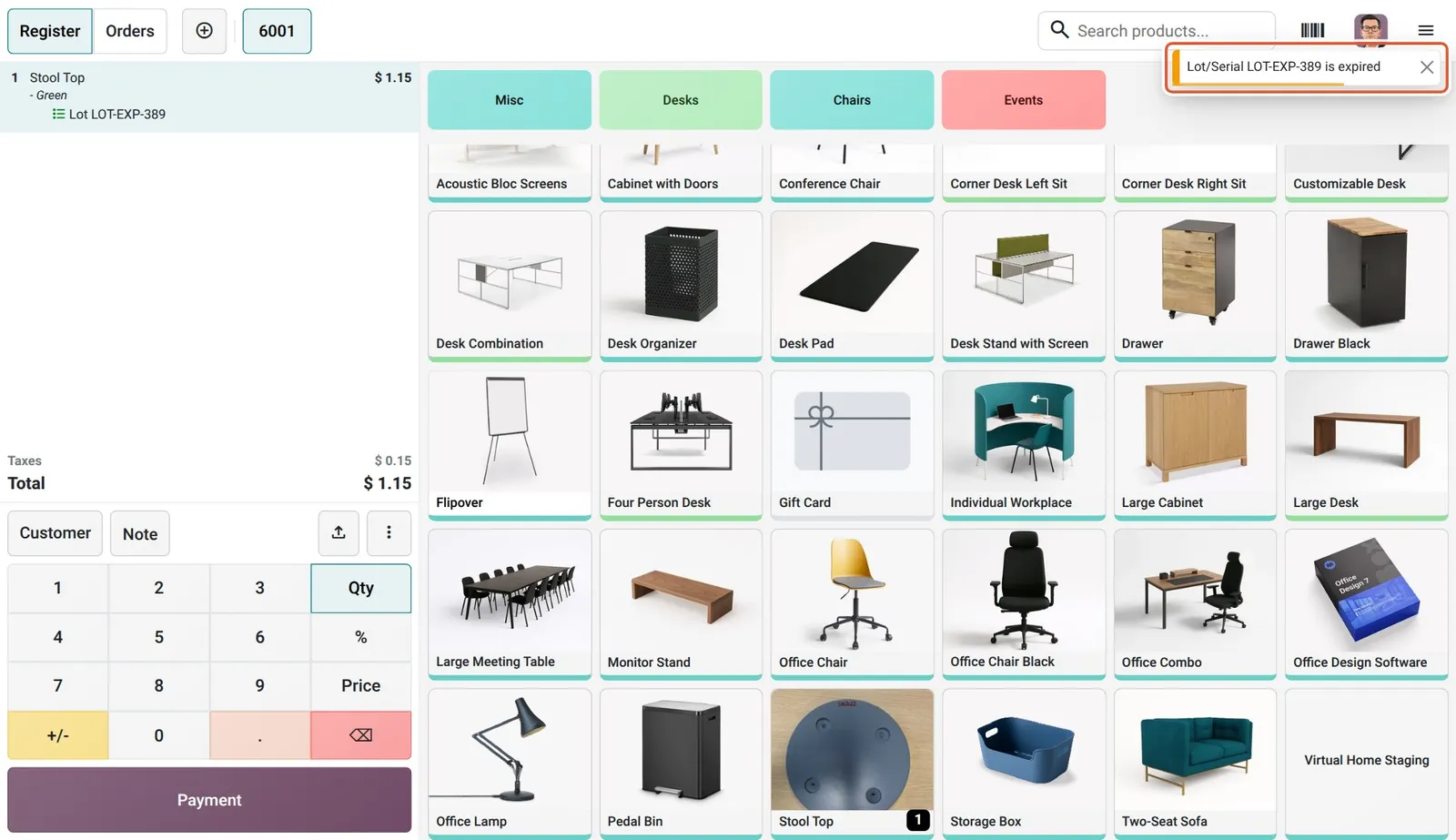 Odoo 20 Expired product notification: Picking the expired lot LOT-EXP-389 for Stool Top pops up a notification saying the lot is expired.