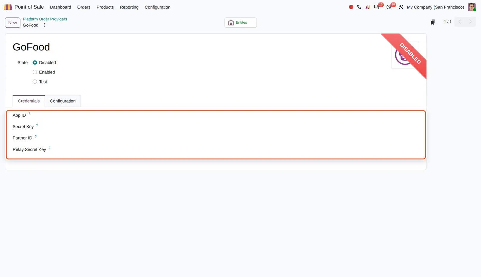 Odoo 20 GoFood delivery integration: The GoFood provider form has App ID, Secret Key, Partner ID and Relay Secret Key fields. No live GoFood account was used, so the form is shown disabled with the fields empty.