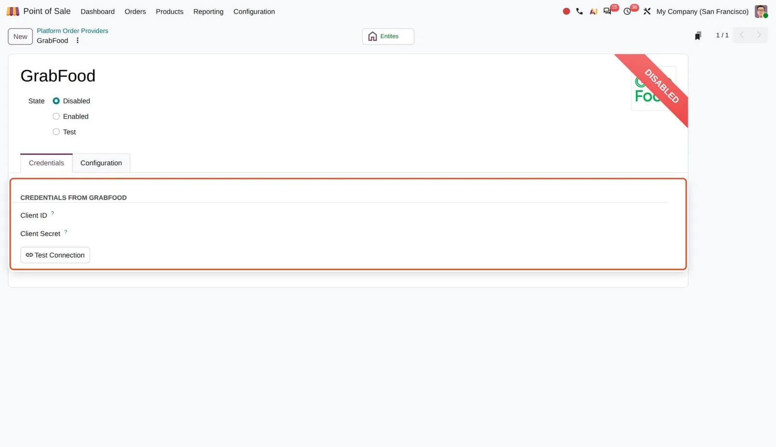 Odoo 20 GrabFood delivery integration: The GrabFood provider form has Client ID, Client Secret and a Test Connection button. No live GrabFood account was used, so the form is shown disabled with the fields empty.