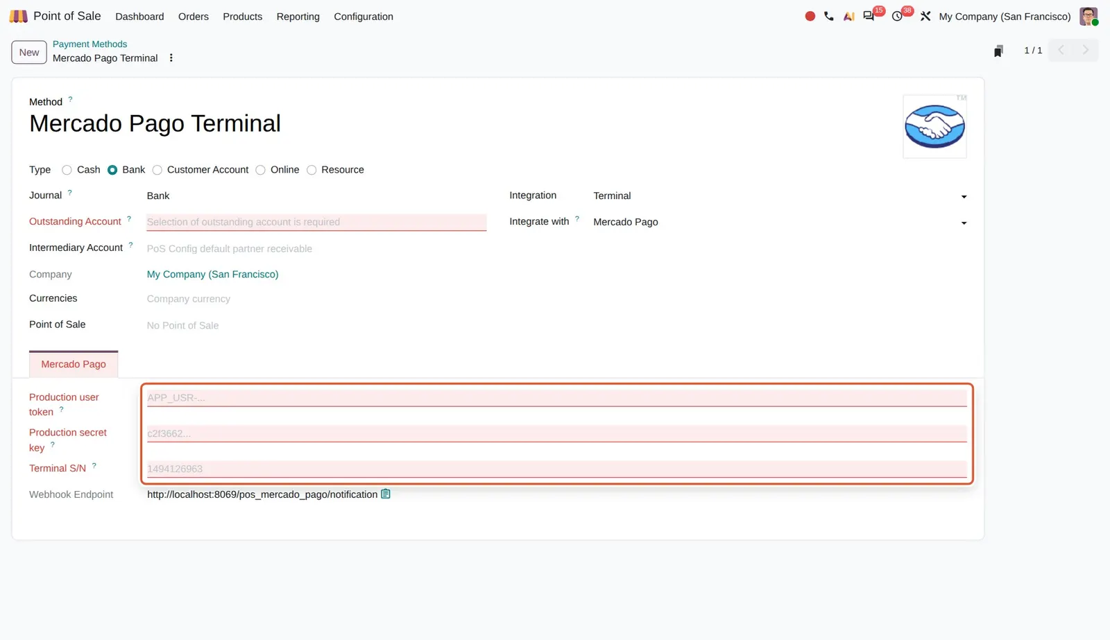 Odoo 20 Mercado Pago terminal: A Bank payment method with Integrate with set to Mercado Pago gets its own tab for the production token, secret key and terminal serial number. No live Mercado Pago account was used, so the fields are empty.