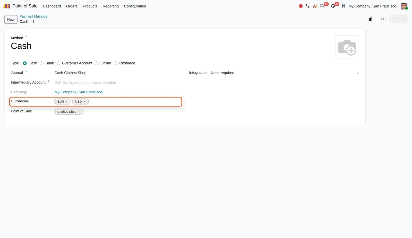Odoo 20 Multiple currencies: The new Currencies field: this cash method accepts EUR and USD.